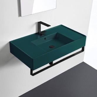 Bathroom Sink Green Console Sink With Matte Black Towel Bar, Modern Scarabeo 5123-55-TB-BLK